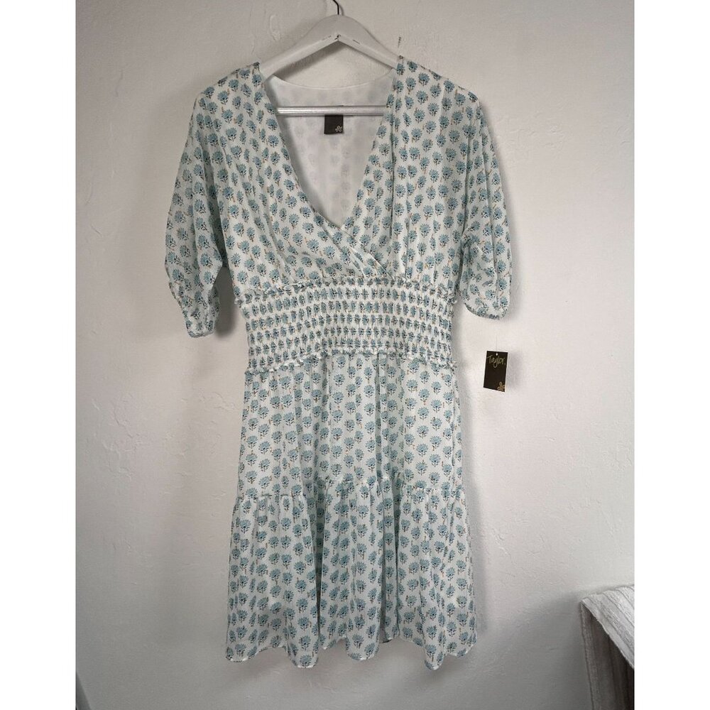 Taylor Womens Floral Print Metallic Smocked Waist Dress Size 12 Blue/White New